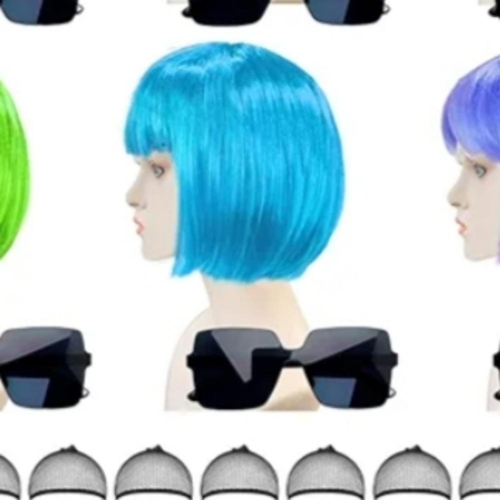 Neon Teal Bob Wig With Sunglasses